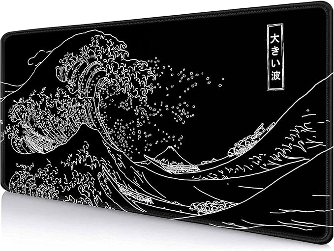 IMAYONDIA Japanese Great Wave Large Mouse Pad (35.4x15.7 in), Black Gaming Mouse Pad Anime XXL, Extended Kanagawa Mouse Mat Desk Pad, Non-Slip Rubber Base Long Computer Mice Pad