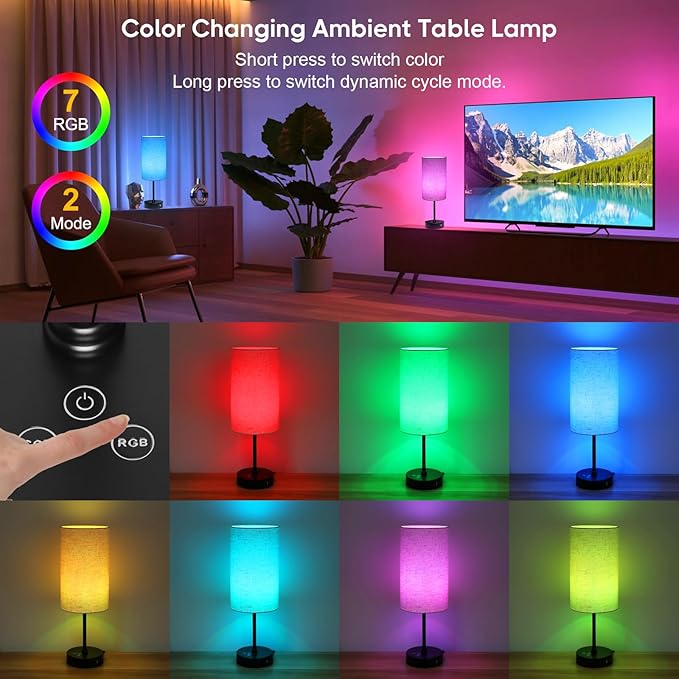Unicozin 17Inch Table Lamp, 3 CCT 3000K/4500K/6500K & RGB Color Changing, Stepless Dimmable Bedside Lamp for Reading, Ambience Nightstand Light for Home Decor Party, Beige Shade