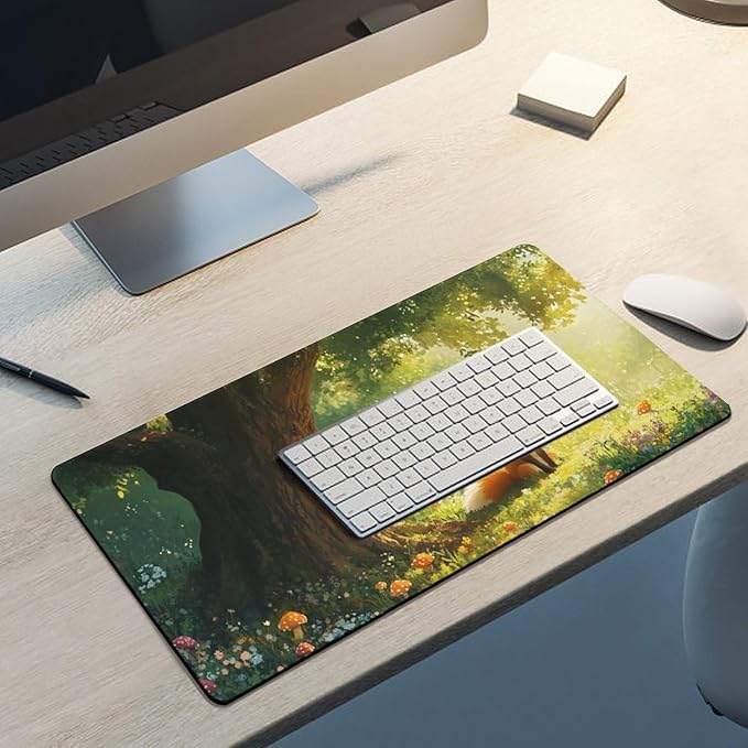 Cute Fox Mouse Pad, Large Extended Desk Mat 30x60cm (12"x24"), Forest Animal Gaming Mousepad with Non-Slip Rubber Base, Stitched Edges, Water-Resistant for Office Home