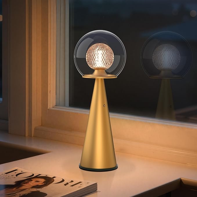 Tubicen Gold Cordless Table Lamp Dual-Globe Glass Shade 8000mAh Battery Operated Rechargeable Table Lamp Portable 3 Color Stepless Touch Dimmable Desk lamp for Bedroom Bedside Restaurant Bars Coffee
