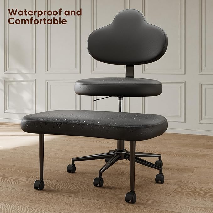 Cross Legged Office Chair with Wheels, Meditation Chair, ADHD Chair for Adults, Wider Height Adjustable Backrest and Seat, Yoga Office Chair, PU Leather, Black