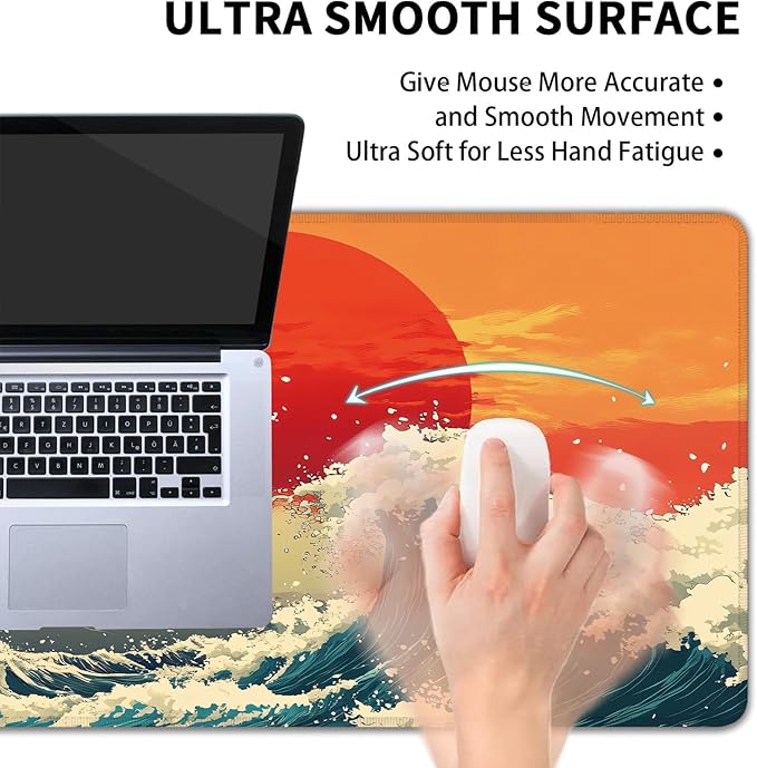 Desk Mat, Japanese Sea Wave XXL 35.4"x15.7"Large Gaming Mouse Pad, 3mm Thick Gaming Keyboard Pad,Desk Pad Non-Slip Rubber Base with Stitched Edges for Office Game Home Decor