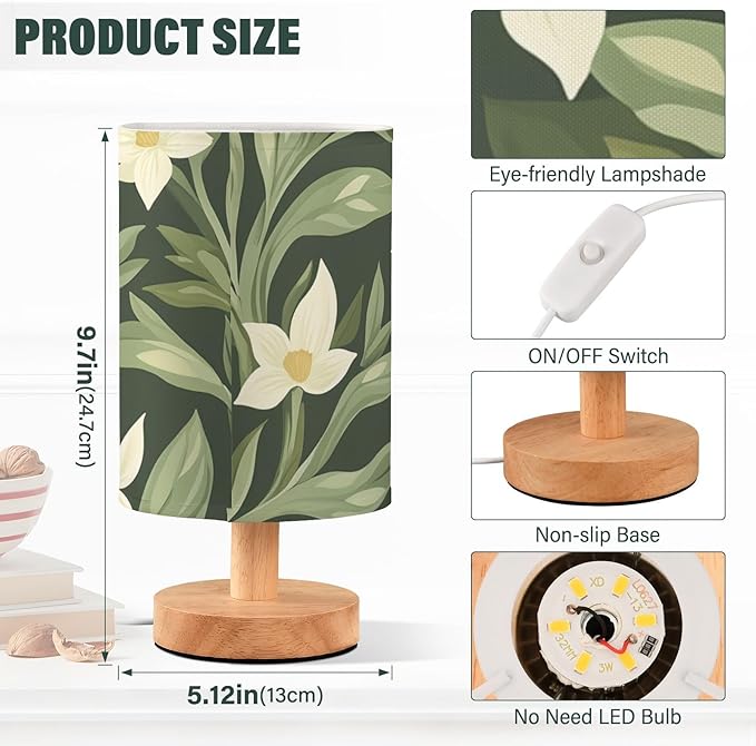 Green Floral LED Table Lamp, Bedside Lamp with Linen Lampshade, Flicker-Free Eye Care USB Plug in Nightstand Lamp, for Bedroom and Office