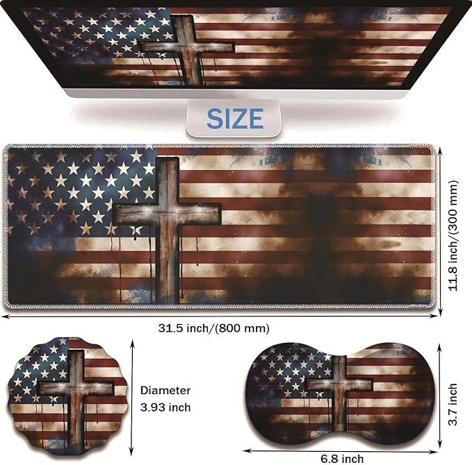 Extended Non-Slip Mouse Pad + Mouse Wrist Rest + Lace-Shaped Coaster Set, Ergonomic Design, Suitable for Desk and Home Gaming Table Mat, American Flag Cross