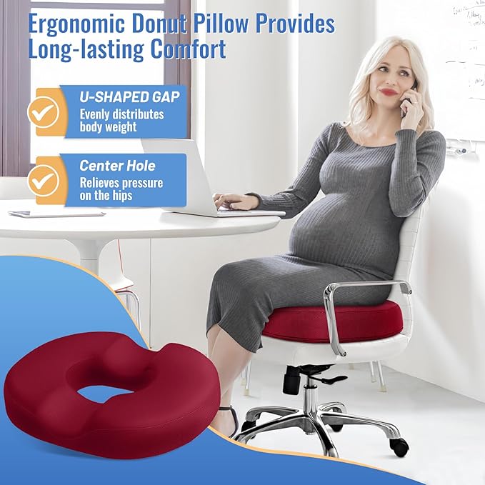 CloudBliss Donut Pillow Seat Cushion Chair Pad for Tailbone Pain Relief and Hemorrhoids, Memory Foam Seat Chair Cushion for Men and Women for Home & Office, (Red)