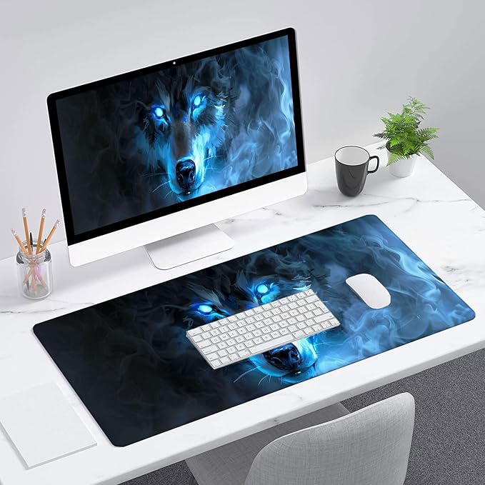 Wolf Gaming Mouse Pad Misty Wolf Blue Eye Cool Animal XL Mouse Pad Large Mousepad Extended Laptop Keyboard Mat Gaming Desk Pad Mouse Mat 31.5"x11.8" Office Computer Keyboard Laptop Home