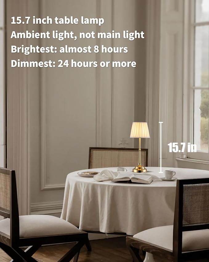 KDG Cordless LED Table Lamp Set of 2, Portables Fabric Shade Desk Lamps, 4000mAh Rechargeable Battery Powered Lighting, Dimmable Light for Dining Room, Bedroom, Bedside, Night Light, Balcony (Gold)