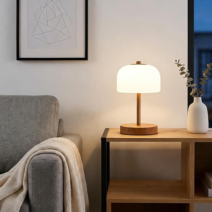 Oneach 9" Touch Control Table Lamp Set of 2, Wood Grain Dimmable LED Bedside Lamp with 3 Color Temperatures, USB A+C, Small Modern Table Lamps for Bedroom Nightstand Living Room