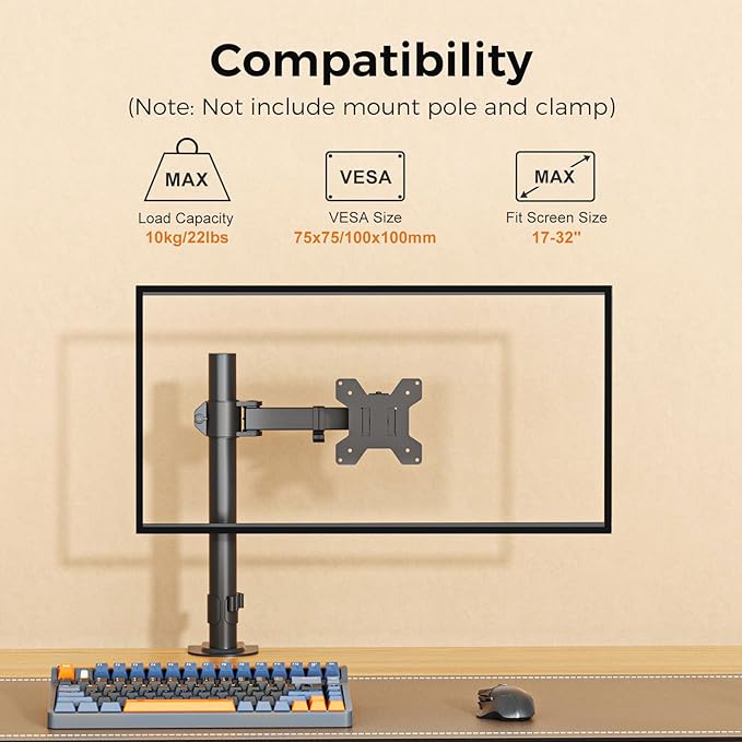 suptek Single Monitor Arm, Universal 1 Tier Arm Fully Adjustable Pole Mount Bracket Monitor Mounting for 13 to 32 inch Screen, Weight up to 22lbs, Mounting Holes 75x75mm to 100x100mm,Black