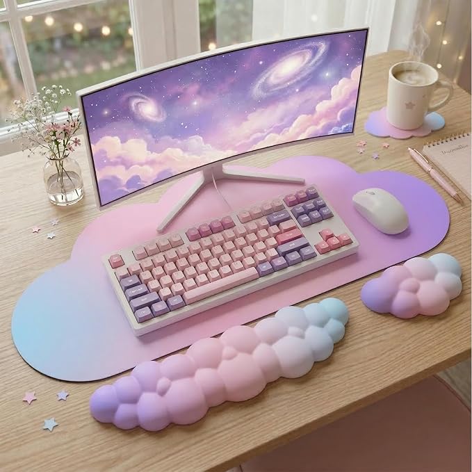 Cloud Mouse Pad Keyboard Wrist Rest for Mouse 4PCS Extended Large Desk Mat Pad Set Memory Foam Non-Slip Cute Ergonomic Gaming Mouse Wrist Support for Computer Home Office 35.4x15.7in Pink Purple Blue