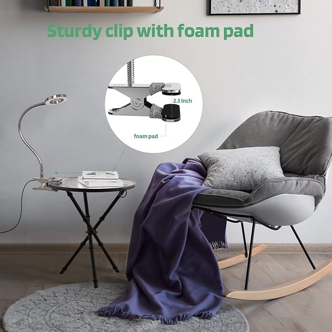 GLORIOUS-LITE LED Clip on Light, 36 LED Eye-Caring Reading Lamp for Dorm Room, 360° Flexible Gooseneck with 4 Color Modes, Dimmable Book Light for Bed, Desk, Headboard, Computer (Silver)