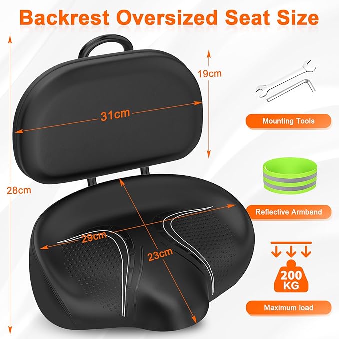 BLUEWIND New Noseless Oversized Bike Seat, Wide Bicycle Saddle Novel Backrest Design for Electric Bike, Universal Fit Exercise Bike or Road Stationary Bike Seat Cushion for Men & Women