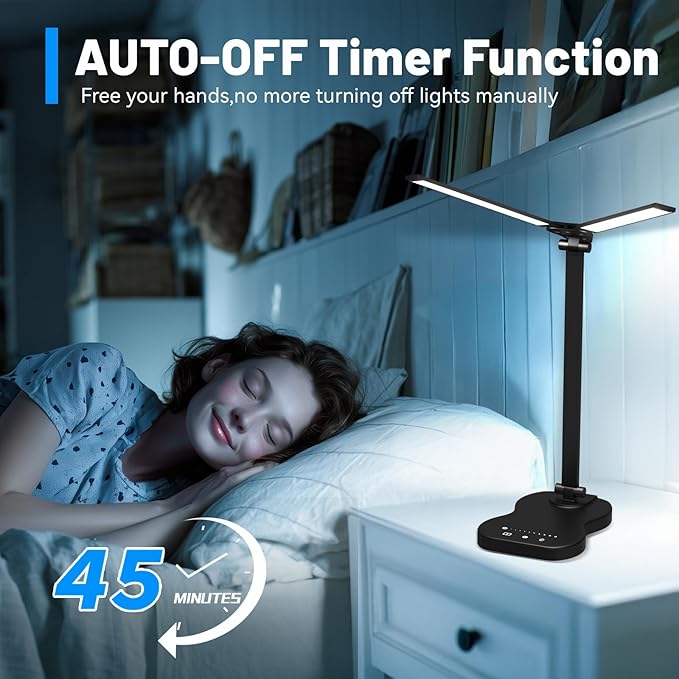LED Desk Lamp with USB Charging Port, 5 Color Modes 10 Brightness, Dual Swing Arm Dimmable Desk Lamps for Home Office Nail Dorm (Black)