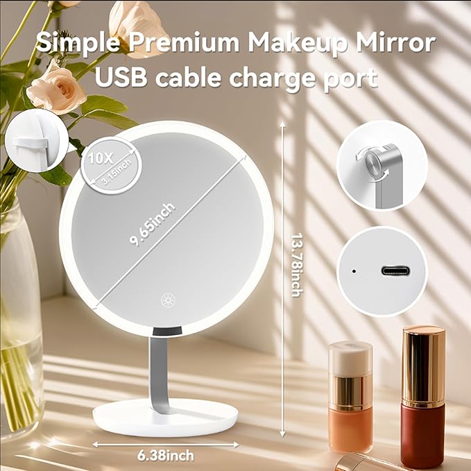 9.65-inch Lighting Makeup Mirror, 1x / 10x,Touch Control,3-Color Adjustable, Metal Stand with Super Stability,up and Down Adjustable Makeup Mirror Surface, High Color Rendering,Silver
