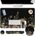 Britimes Black Mushroom Floral Keyboard Mouse Pad Set Plant Flower 4in1 Large Mousepad+Keyboard Wrist Rest+Mouse Wrist Rest+Coaster Ergonomic Design for Home Office Computer 35.4x15.7 inches