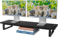 Simple Trending Dual Monitor Stand Riser with 2 USB Charging Ports, Desk Organizer With Drawer and 2 Pen Holders, Shelf for Top of Desk, Black