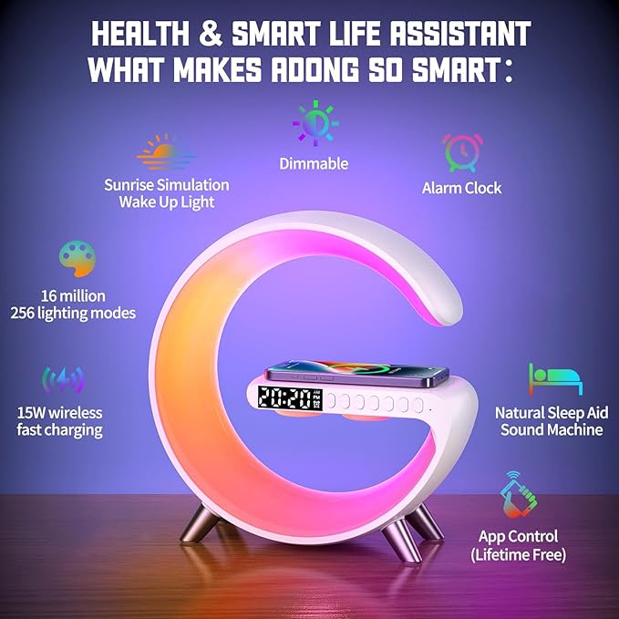 4-in-1 Wireless Charger Atmosphere Lamp, Bluetooth Speaker, LED Dimmable Night Light Table Lamp, Alarm Clock, Ideal Birthday Gift Room Decor (White, Key Control)