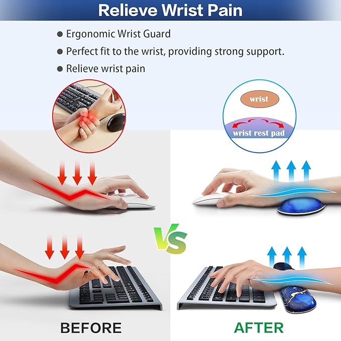 Desk Mat Blue, Large Gaming Mouse Pad with Wrist Rest, 4in1 XXL Mousepad+Keyboard Wrist Rest+Mouse Pad Wrist Support+Cup Coaster Set Ergonomic Computer Desk Arm Wrist for Decor Home Office Women