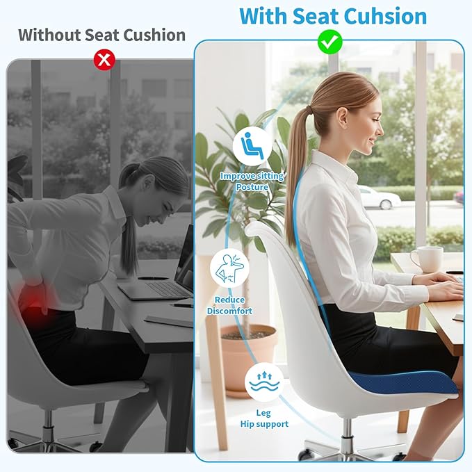 Large Seat Cushion, Memory Foam Cushion for Long Sitting Hours on Office Chair, Home & Car, Non-Slip Chair Pad for Relieving Back & Sciatica & Hip & Coccyx Pain (Blue)