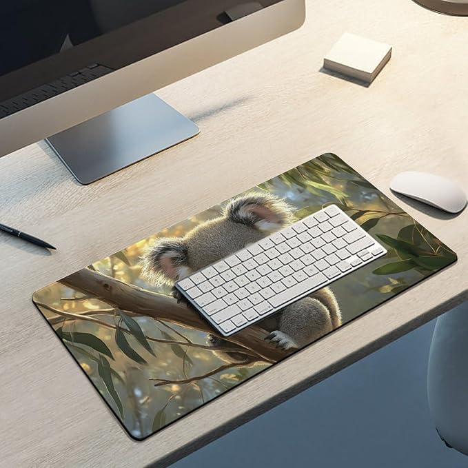 Large Ergonomic Gaming Mouse Pad Baby Koala on Eucalyptus Branch - Adorable Wildlife Theme with Non-Slip Base Water-Resistant Surface and Stitched Edges 30x60cm