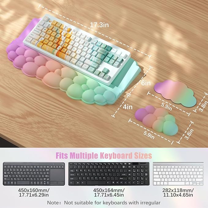 Ergonomic Wrist Rest for Keyboard, Soft Memory Foam Cloud Keyboard Stand Pad with Wrist Rest Set with Non-Slip Silicone Base, Easy Typing, Comfort for Computer Laptop Mac - Rainbow