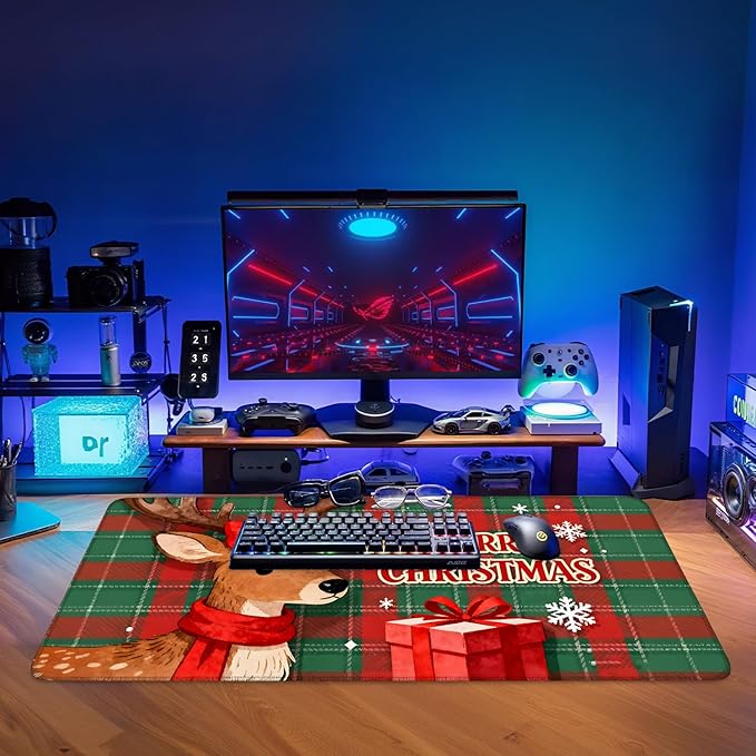 Merry Christmas - Elk Extended Gaming Mouse Pad 35.4x15.7Inch Large Desk Mat Anti-Slip Rubber Base & Durable Stitched Edges for Gamers Smooth Mouse Writing Surface for Desk Office/Home