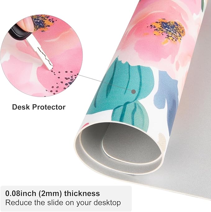 Colorful Star Large Mouse Pad, Pink Floral Desk Mat for Desktop, Women Girls PU Leather Waterproof Gaming Mousepad, Computer PC Laptop Protector Flowers Desk Pads for School Office Home 31.5" x 11.8"