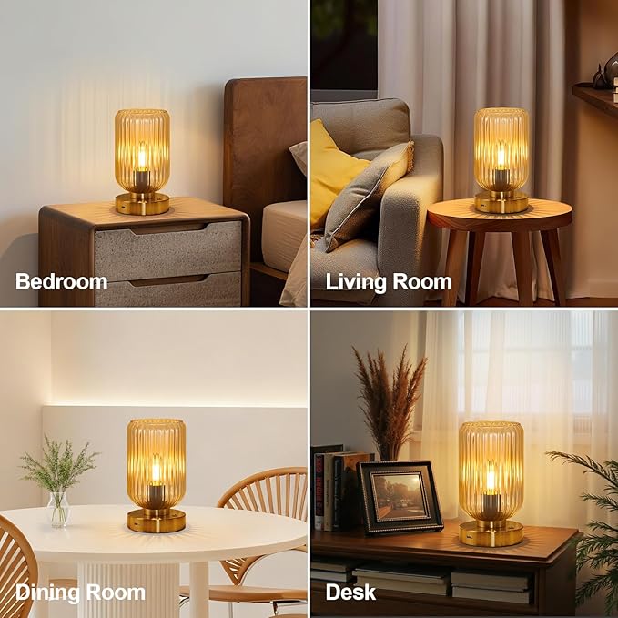 Table Lamp for Bedroom, Cordless Small Bedside Lamp, Touch Dimmable Rechargeable Lamp Battery Operated with Amber Glass Shades for Night Stands, Living Room, Desk, Bulb Included