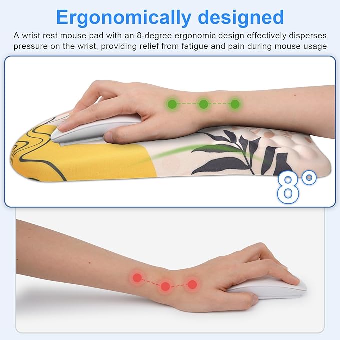 Ergonomic Wrist Mouse Pad with Massage Design, Wrist Rest Mousepad with Memory Foam Non-Slip PU Base, Mouse Pad with Wrist Support for Wireless Mouse & Desk, Y Boho Leaves