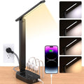 Power Strip with LED Desk Lamp, 10 Ft Extension Cord with 3 Outlets 4 USB Ports(2 USBC), 4 Modes 5 Level Touch Lamp Small Desk Lamps for Home Office College Dorm Room, Study Reading Light - BK
