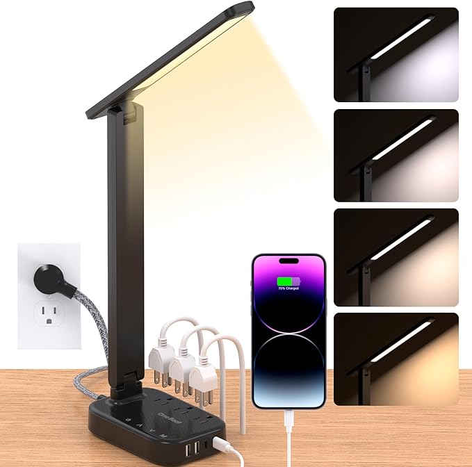 Power Strip with LED Desk Lamp, 10 Ft Extension Cord with 3 Outlets 4 USB Ports(2 USBC), 4 Modes 5 Level Touch Lamp Small Desk Lamps for Home Office College Dorm Room, Study Reading Light - BK