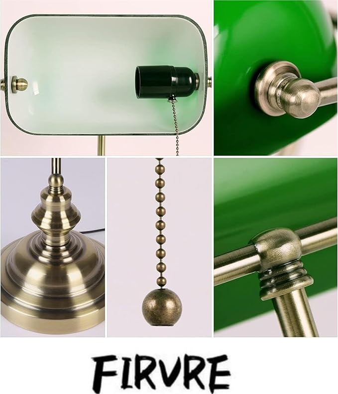 FIRVRE Green Glass Bankers Desk Lamp, Antique Desk Lamps with Brass Base, Traditional Library Lamp with Pull Chain, Vintage Desk Lamp for Office, Study Room (Bulb Included)