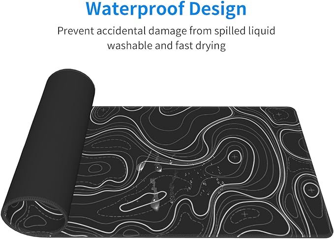 Large Gaming Mouse Pad Black Topographic Contour Mouse Pad Extended XL Long Mousepad Big Desk Mat with Stitched Edges & Nonslip Rubber Base for Company Office Work, 31.5 X 11.8 Inch