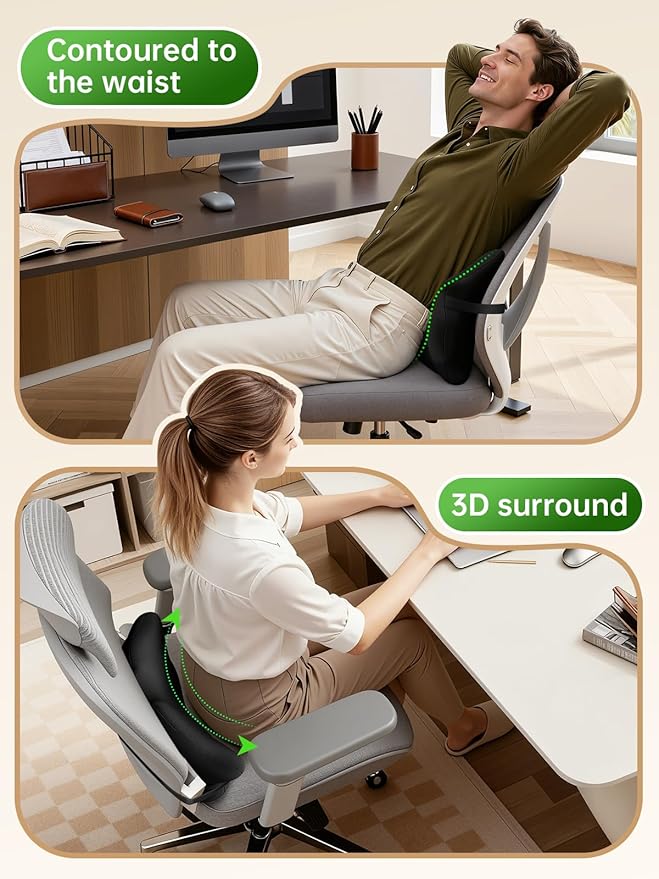 Benazcap Lumbar Pillow, Back Support for Office Chair, Car Seat, Sofa, Travel, Ergonomic Multi-Region Memory Foam & Adjustable Straps, Lower Back Support and Improved Posture Effectively, Black