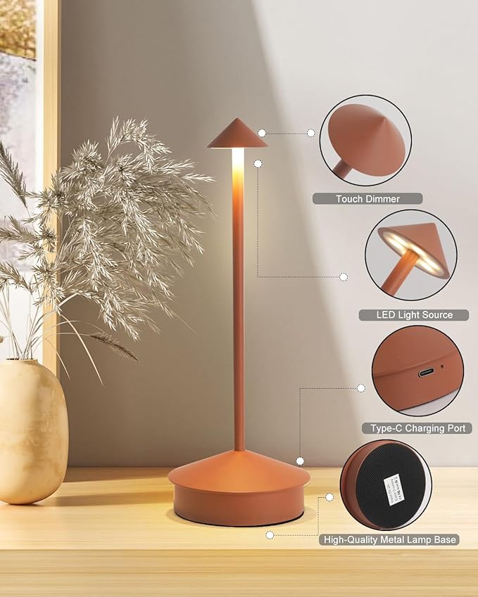 2 Pack Aluminum Cordless Table Lamp, 6000mAh Rechargeable Table Lamps, Portable Touch LED Lamp, Outdoor Waterproof Dimmable Cordless Rechargeable Table Lamps for Restaurant/Patio- Black (1 Pcs Brown)