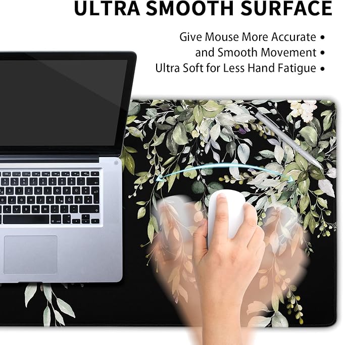 aportt Sage Green Leaves Gaming Mouse Pad XL Spring Summer Floral Extended Large Desk Mat Black Big Mousepad Non-Slip Rubber Base Stitched Edge Long for Desktop Office Computer Gamer,31.5×11.8 in