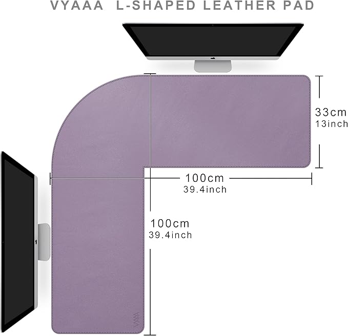 Vyaaa L Shaped Desk Mat, (39.4"+ 39.4") x 13" PU Leather Corner Desk Mat, Reversible L-Shape Desk mat, XL Gaming Mouse Pad for Computer, Gaming, Writing, Home and Office (Light Purple)