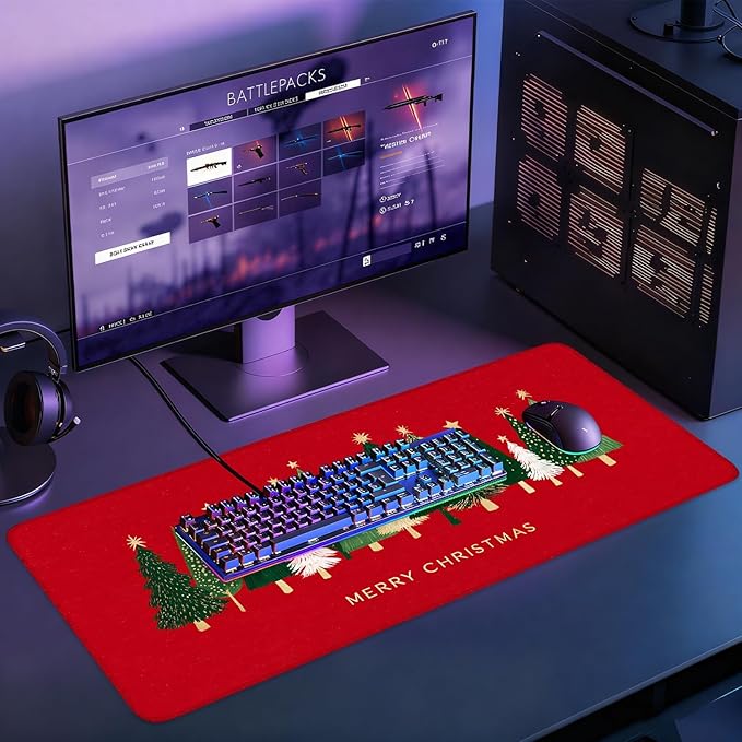 Desk Mat, XXL Extended Gaming Pad for Desktop, 35x16 Inches Trees on Red Background, Large Non-Slip Vegan Leather Surface with Stitched Edges, Keyboard Mouse Mat for Home Office