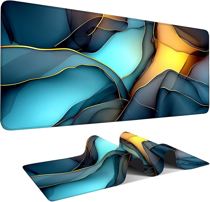 Large Mouse Pad & Keyboard Mat 35x16 Inches, Soft Blue Yellow Gradient Fluid Artistic Non-Slip Rubber Base Desk Mat, Large Extended Desk Protector for Home Office Gaming Setup