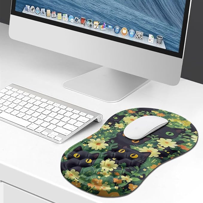 Hokafenle Ergonomic Mouse Pad Wrist Support, Wrist Rest Mousepad for Carpal Tunnel with Integrated Memory Foam Slope Massage Bulge (11.8x7.9 inch,Cute Cat)