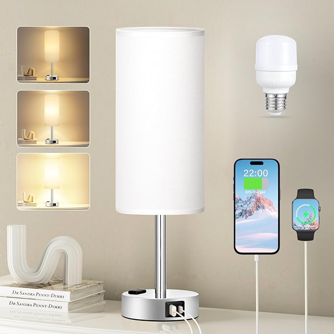 Fenmzee White Touch Bedroom Table Lamp - 3 Way Dimmable Bedside Lamp USB C A Charging Ports and AC Outlet, Small Lamp Nightstand with Silver Base for Living Room, Office Desk, LED Bulb Included