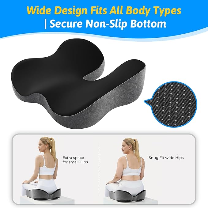 Seat Cushion for Tailbone & Sciatica Support - Plush Yet Supportive Ergonomic Memory Foam Chair Cushions for Office Chair, Car, Wheelchair, Airplane & Long Sitting