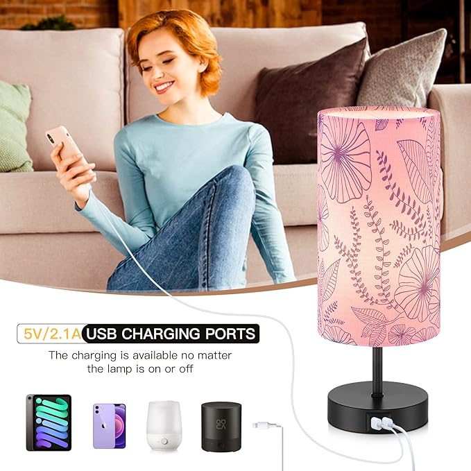 Touch Control Bedside Lamp with 2 USB Ports, 3-Way Dimmable Table lamp for Bedroom, Nightstand Lamp with Round Pink Flower Fabric Shade for Living Room Home Office (E26 LED Bulb Included)