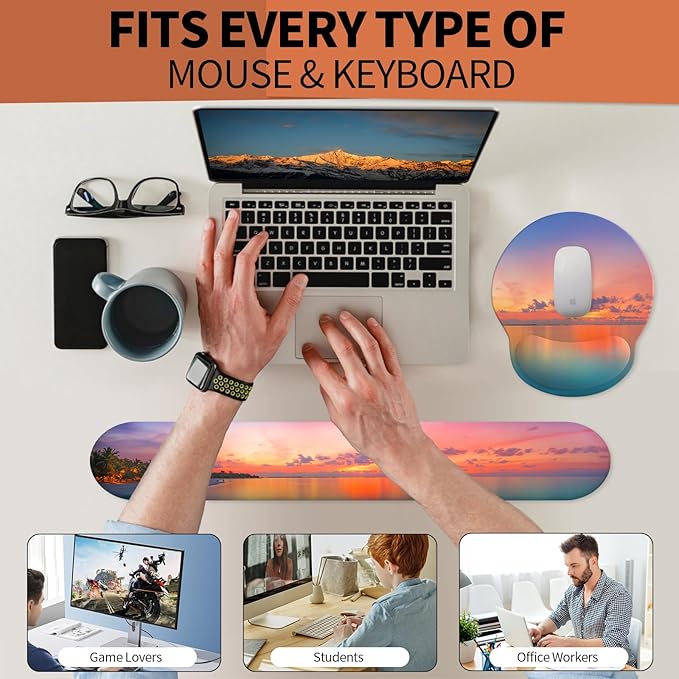 eulps Mouse Pad Wrist Support, Ergonomic Memory Foam Keyboard Wrist Pad & Gel Wrist Rest Set for Computer Keyboard for Easy Typing for Office & Home (Oceanic Sunset Set)