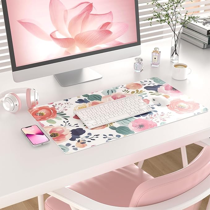 Colorful Star Large Mouse Pad, Pink Floral Desk Mat for Desktop, Women Girls PU Leather Waterproof Gaming Mousepad, Computer PC Laptop Protector Flowers Desk Pads for School Office Home 23.6" x 13.8"