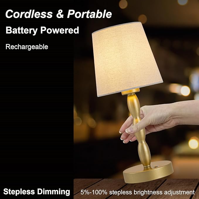 CASTLELIFE Portable Cordless Table Lamp,Touch Desk Lamp Rechargeable Battery Powered, 3-Level Brightness Stepless Dimmable Bedside Night Lamp,for Bedroom/Restaurant/Bars/Outdoor, Bulb Included,Gold