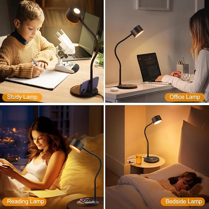 LED Desk Lamp with Wireless Charger, USB C + A Charging Ports, Eye-Caring Metal Bedside Lamp, 5 Colors Stepless Dimmable Reading Lamp, Touch Table Lamp Gooseneck Lamp for Home Office Dorm Black