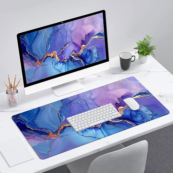 Purple Marble Gaming Mouse Pad Blue Gold Marbling Mousepad XL Large Gaming Mouse Pad Laptop Keyboard Mat Desk Pad 31.5"x11.8" Office Home Decor for Women Girl