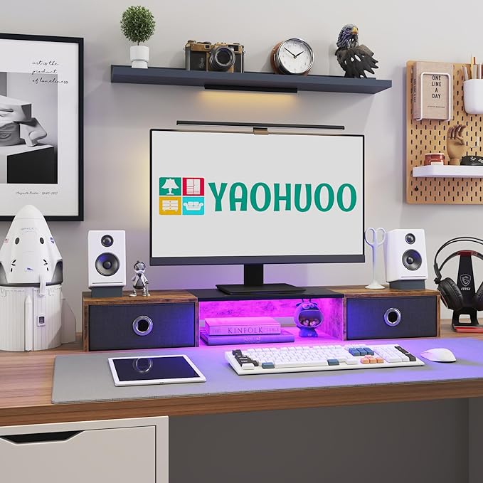YAOHUOO Dual Monitor Stand with 2 Drawers, Computer Monitor Riser for 2 Monitors, Large Desktop Organzier with Storage for PC/Laptop/Computer/TV Screen/Printer (Brown)