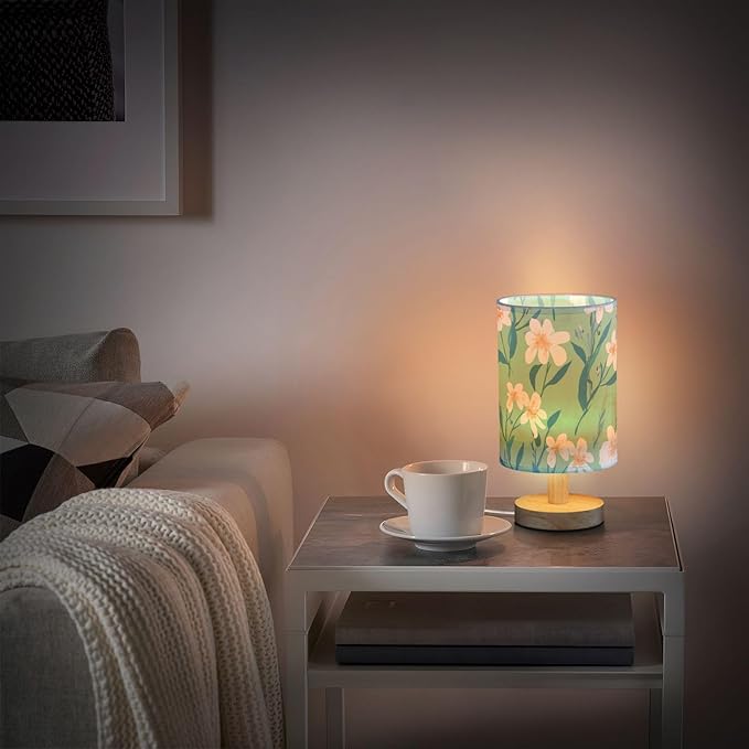 Green Floral LED Table Lamp, Bedside Lamp with Linen Lampshade, Flicker-Free Eye Care USB Plug in Nightstand Lamp, for Bedroom and Office